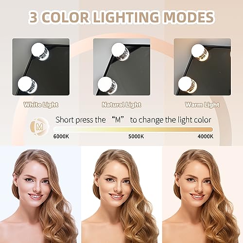 SLIMOON Hollywood Vanity Mirror with Lights, 12 Dimmable LED Bulbs Lighted Makeup Mirror with Detachable 10X Magnification Mirror, 1000mAh Rechargeable, 3 Color Lights, Touch Control