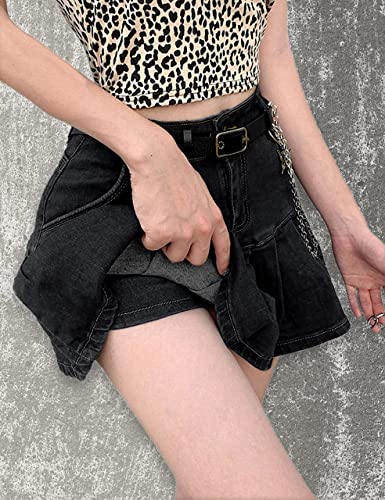 Tanming Women's Pleated Jean Skirt Casual A-Line Ruffle Y2K Mini Denim Skirt (Black-XS)