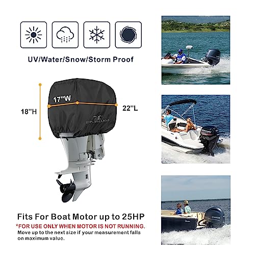 Explore Land Outboard Motor Cover - Waterproof 600D Heavy Duty Boat Engine Hood Covers - Fit for Motor up to 25 HP, Black