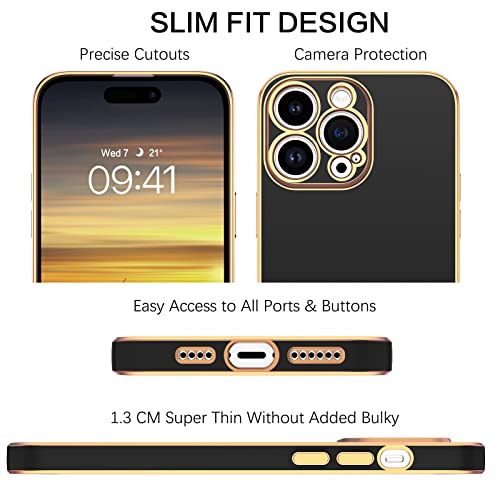 BENTOBEN Compatible with iPhone 14 Pro Max Case, Slim Luxury Electroplated Bumper Women Men Girl Protective Soft Case Cover with Strap for iPhone 14 Pro Max 6.7 inch,Black/Gold