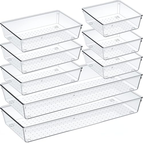 Criusia Drawer Organizer Set, Acrylic Non Slip Non Cracking Kitchen Drawer Storage Tray Large Size Divider, Multifunctional Storage for Cosmetics, Bathroom, Tools, Kitchen and Office (8 PACK)