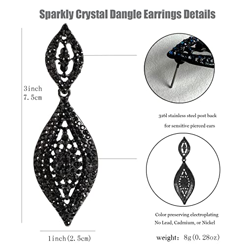 Canboer Fancy Black Rhinestone Crystal Wedding Bridal Long Dangle Drop Earrings Crystal Leaf Chandlier Earrings for Women Party Prom