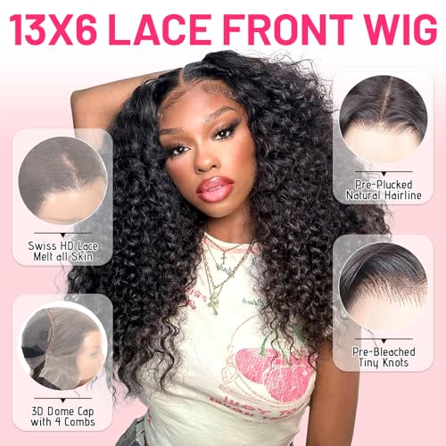 PIOPIC Lace Front Wigs Human Hair Water Wave Pre Plucked 13x6 Curly HD Transparent Lace Front Wigs with Baby Hair 200 Density Gluesless Human Hair Wigs for Women Natural Black Color 20 Inch