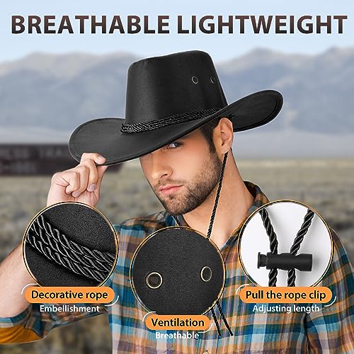 UwantC Mens Faux Felt Western Cowboy Hat Fedora Outdoor Wide Brim Hat with Strap Black