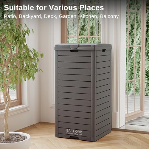EAST OAK 38 Gallon Outdoor Trash Can, Waterproof Resin Garbage Can with Tiered Lid and Drip Tray, Outside Trash Bin for Patio, Kitchen, Backyard, Deck, Gray