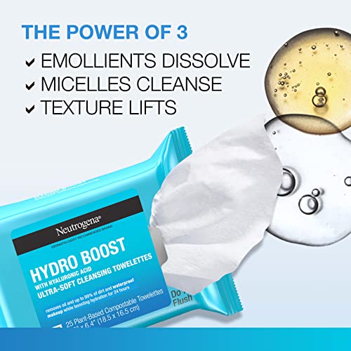 Neutrogena Hydro Boost Facial Cleansing Towelettes + Hyaluronic Acid, Hydrating Makeup Remover Face Wipes Remove Dirt & Waterproof Makeup, Hypoallergenic, 100% Plant-Based Cloth, 2 x 25 ct