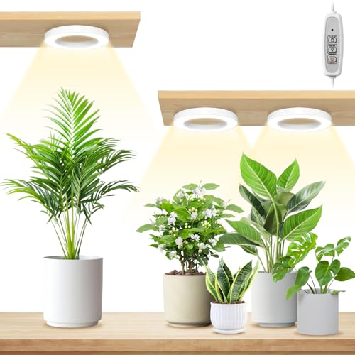 LORDEM 6.3" Bamboo Ceiling Grow Lamp for Indoor Plants, 216 LEDs Full Spectrum Halo Plant Light, Under Cabinet Grow Lights with 4/8/12H Auto Timer Switch Modes, 4 Dimmable Brightness Levels, Tri Head