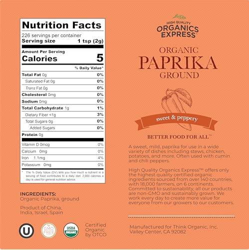 HQOExpress Organic Paprika – Non GMO, Kosher, USDA Certified Organic Ground Paprika Powder – Sweet and Mildly Spicy Seasoning for Soups, Chilis, Sauces and Stews, 18 oz. Chef Jar