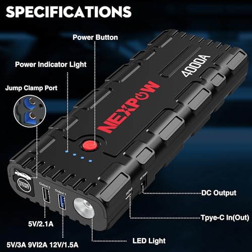 NEXPOW G17 S40 Car Jump Starter PD60W Quick Charge, 4000A Peak Jump Starter Battery Pack (All Gas Up to 10.0L Diesel Engine), 12V Lithium Jump Box, Auto Portable Battery Booster Pack with LED Light