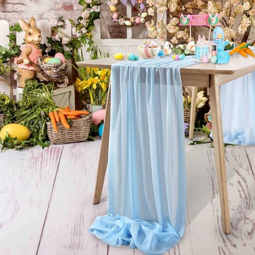 Chiffon Table Runner 27x120 Inches Baby Blue Sheer Fabric Long Table Runners for Wedding Birthday Party Easter Baby Bridal Shower Decorations 10ft