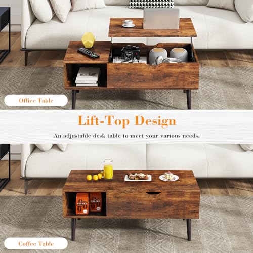 Coffee Table, Lift Top Coffee Tables for Living Room, Small Modern Wooden Center Tables with Storage Shelf and Hidden Compartment