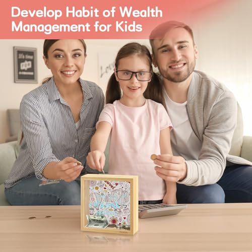 Piggy Bank for Kids. Wooden Money Coin Bank for Boys and Girls. Coin Bank Money Bank. Natural Wood Money Box. Printed on The Plexiglass Front-Make Your Dreams Happen.
