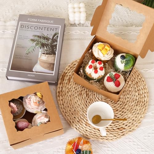 Moretoes 15pcs Cookie Boxes with Window, 6x6x3in Bakery Boxes, Kraft Paper Treat Boxes Small Cake Box for Dessert Pie Donuts Pastry, Brown