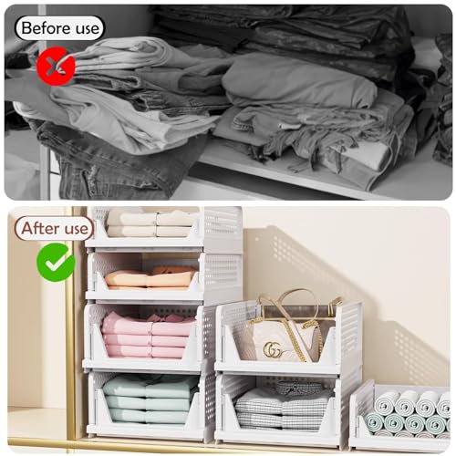 4 Pack Folding Closet Organizers Storage Box, Stackable Storage Bins, Plastic Drawer Basket Closet Storage for Wardrobe Cupboard Kitchen Bathroom Office White-1S3L