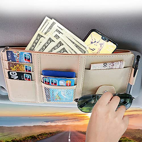 Beige Car Sun Visor Organizer, Sunglasses Holders for Car Sun Visor PU Auto Interior Accessories Storage Travel Document Holder with Multi Pocket