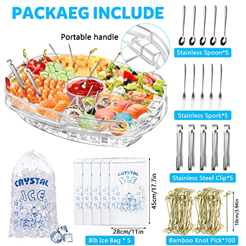 Chilled Serving Tray, 15" Clear Plastic Party Platter with 4 Compartments, Ice Serving Bowl with Bamboo Sticks, Stainless Spoons Forks Clamps, Appetizer Serving Tray on Ice for Veggie, Appetizer