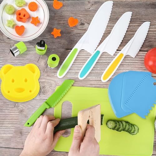 Hilsoeet 26PCS Kids Knives for Real Cooking, Wooden Kids Kitchen Knife Set Include 4 Serrated Edges Plastic Toddler Knives, Cutting Board, Y Peeler, Egg Beater, Toddler Food Picks and Cream Scraper