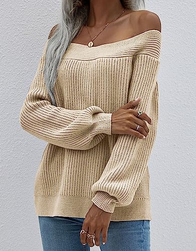 KIRUNDO 2024 Fall Winter Women's Off Shoulder Sweater Long Sleeve Cold Shoulder Ribbed Knit Sweaters Pullover Jumper Tops(Apricot, Small)