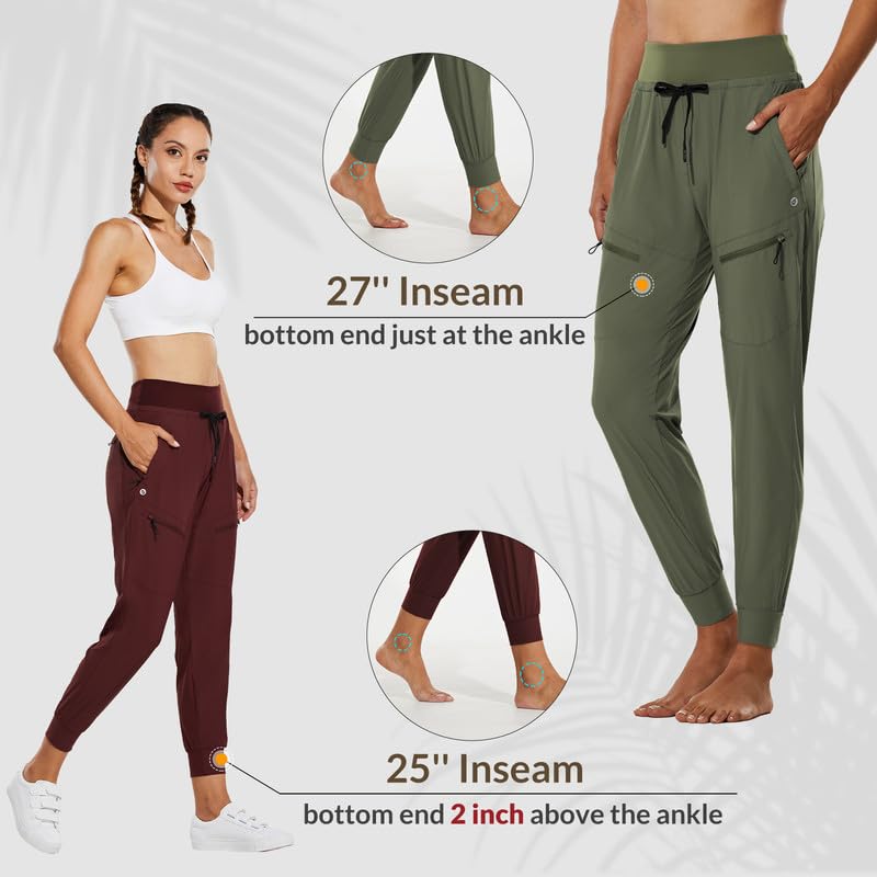 BALEAF Women's Joggers Lightweight Hiking Pants High Waist 5 Zipper Pockets Quick Dry Travel Athletic UPF50+ Khaki XL