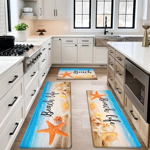 ASPMIZ Coastal Beach Kitchen Floor Mat, Ocean Cushioned Kitchen Mats Rug Non Slip Washable, Sea Shell Waterproof Memory Foam Comfort Rugs PVC Standing for Home Sink, 18"x 30" + 18" x 48" + 18" x 60"