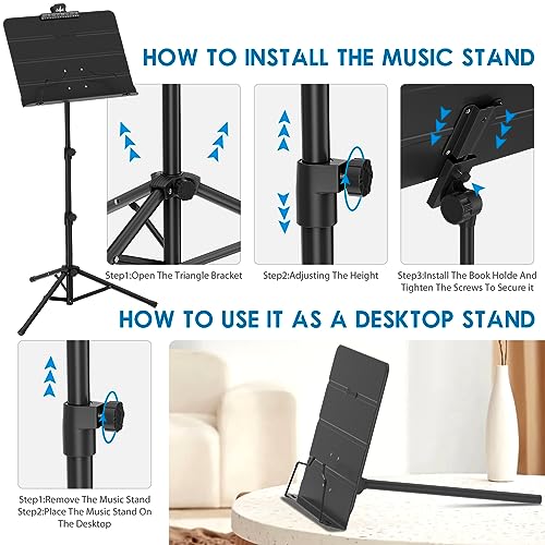 K KASONIC - Dual-Use Folding Sheet Music Stand & Desktop Book Stand with Portable Carrying Bag, Sheet Music Folder & Clip Holder (Black)