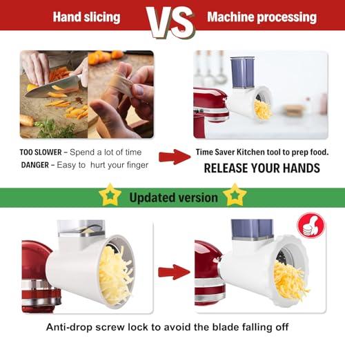 Cheese Slicer Shredder Attachments for KitchenAid Stand Mixers, Food Slicers Cheese Grater Attachment, Salad Maker Accessory Vegetable Chopper with 4 Blades Dishwasher Safe-Upgraded Version