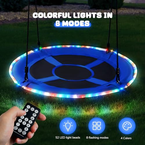 Trekassy 700lbs 40” Saucer Tree Swing with LED Lights for Kids Adults Outdoor 2 Tree Hanging Straps-Blue