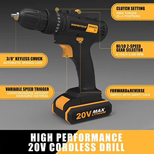 INSPIRITECH 20V Cordless Drill, Power Drill Set with 2 Batteries and Charger,3/8-Inch Chuck Electric Drill Kit with 24-Torque Setting, Drill Driver Bits and Tool Bag Included…