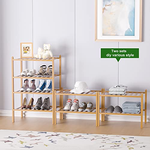 OYREL Narrow Shoe Rack for Closet,Sturdy Small Shoe Rack Organizer,4 Tier Stackable Shoe Storage for Small Space,Beautiful Natural Bamboo Shoe Rack Entryway
