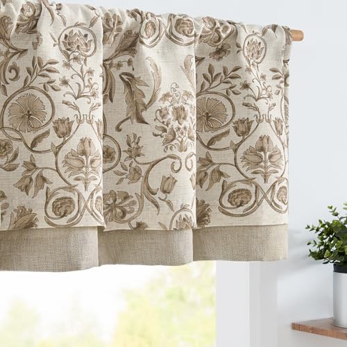 jinchan Linen Valance Double Layer Kitchen Window Curtain Yellow Leaf on Beige Valance for Living Room Cafe Farmhouse Room Darkening Rustic French Country Curtain 18 Inch Rod Pocket 1 Panel