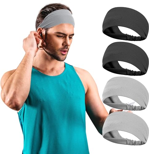 Sweat Band Headband, Sukeen Cooling Headbands for Men, Running Sports Headband, Workout Headband for Yoga, Golf, Gym, Camping, Basketball, Football,Unisex Hairband (4 Pack) 2*Black/2*Grey