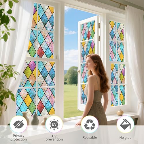 WPCTEV Window Film One Way Mirror Film Daytime Privacy Static Non-Adhesive Decorative Heat Control Anti UV Window Tint for Home and Office Silver 6 Mil 17.5 Inch x 6.5 Feet