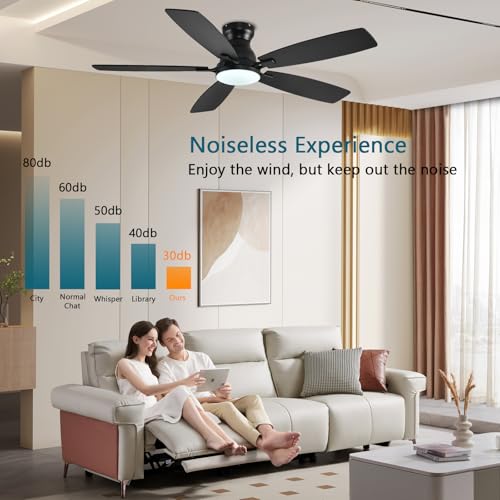 JSAITEE Ceiling Fans with Lights, 52 Inch Low Profile Ceiling Fan with Light and Remote Control, Flush Mount, DC Reversible Motor, Noiseless, Black 6 Speeds Ceiling Fan for Bedroom