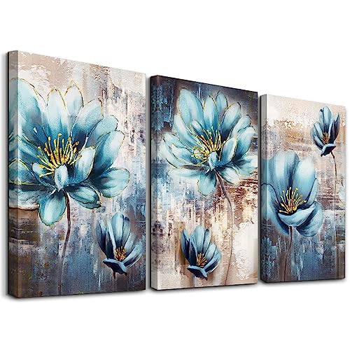Lapremoly Canvas Wall Art For Living Room Family Wall Decor For Bedroom Abstract Blue Flowers Wall Paintings Office Decor Modern Wall Decorations For Kitchen Wall Pictures Artwork 12" X 16" 3 Piece