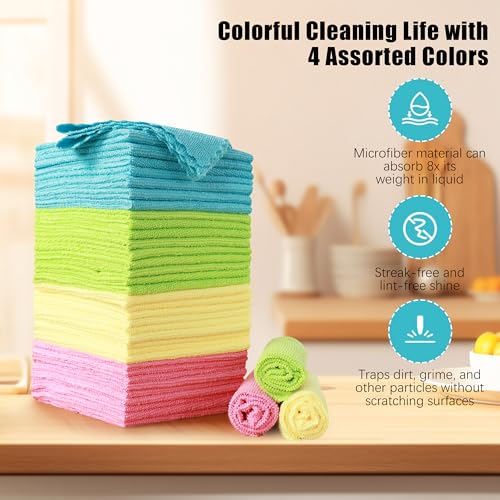 MOONQUEEN 12 Pack Microfiber Cleaning Cloth - Reusable Cleaning Rag, Fast Drying Cleaning Towels,12"X12", Green/Blue/Yellow/Pink