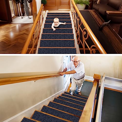 15Pcs Stair Treads for Wooden Steps Indoor with Self Adhesive, 8"x30" Non Slip Stair Runners-Peel & Stick Indoor Stair Carpet Runner, Resistant Indoor Runner for Kids、Elders and Pets, Brown