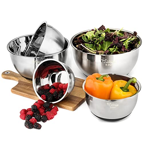 Wildone Mixing Bowls with Airtight Lids, Stainless Steel Nesting Mixing Bowls Set of 5, with Non-slip Silicone Bottoms, Size 8, 5, 3, 2, 1.5 QT, Stackable Design, Great for Mixing and Prepping