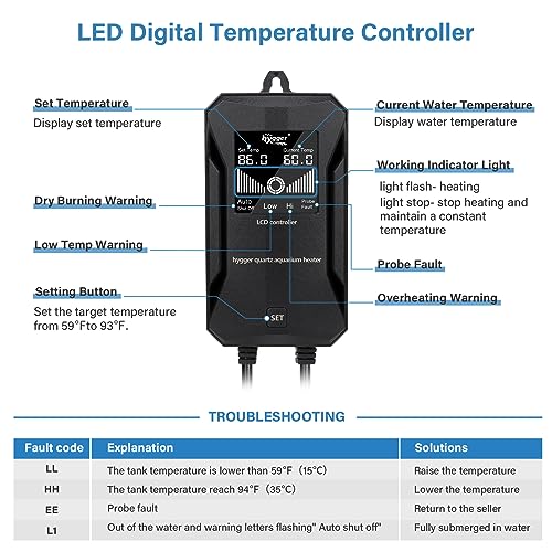 hygger Aquarium Heater, 100W/200W/300W/500W/800W Submersible Fish Tank Heater with Over-Temperature Protection and Automatic Power-Off Fish Heater with Digital Controller for Freshwater and Saltwater