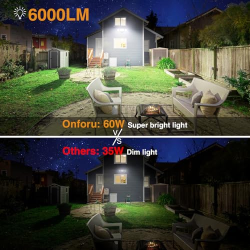 Onforu 2 Pack 60W Flood Lights Outdoor, 6000LM LED Floodlights Switch Controlled, IP65 Waterproof Exterior Lighting Fixture with 3 Adjustable Heads, 6500K Security Light for Eave Garage Yard