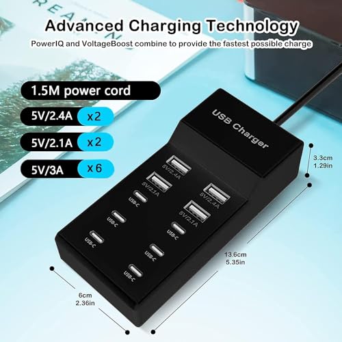 USB C Charger,10 Ports USB Charger Station with 6 Ports USB-C Charger, Desktop 50W Multi Port USB Charger Compatible with iPhone/Huawei/LG/Google Pixel/Tablet/Other Devices.(Black)