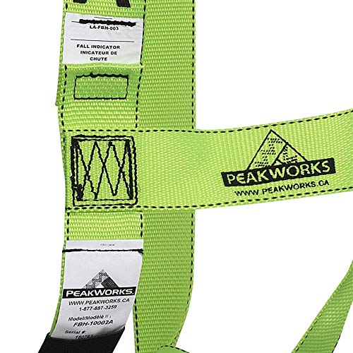 PeakWorks Safety Harness Fall Protection – Full Body, ANSI OSHA Compliant, Adjustable, Hi Vis, 3 Point System with Fall Indicator, D Ring - Green