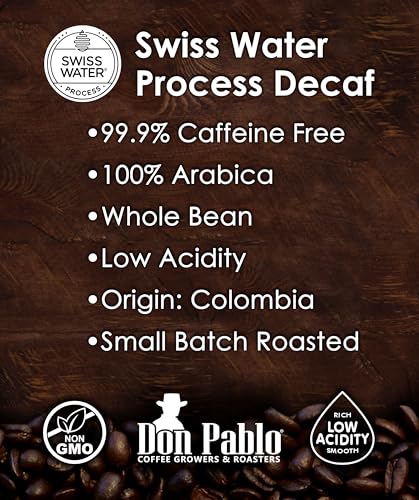 Don Pablo Colombian Decaf - Swiss Water Process Decaffeinated - Medium-Dark Roast Gourmet Coffee - 100% Arabica Whole Bean, Non-GMO, Low Acidity, 907g (2LB) Bag