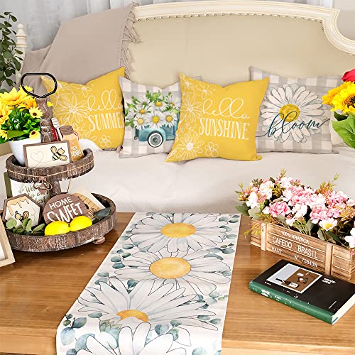 GEEORY Pillow Covers 18x18 Set of 4 Buffalo Plaid Daisy Truck Bloom Hello Sunshine Spring Pillows Decorative Throw Pillows Light Blue Pillowcase Spring Decorations Farmhouse Decor for Couch Sofa