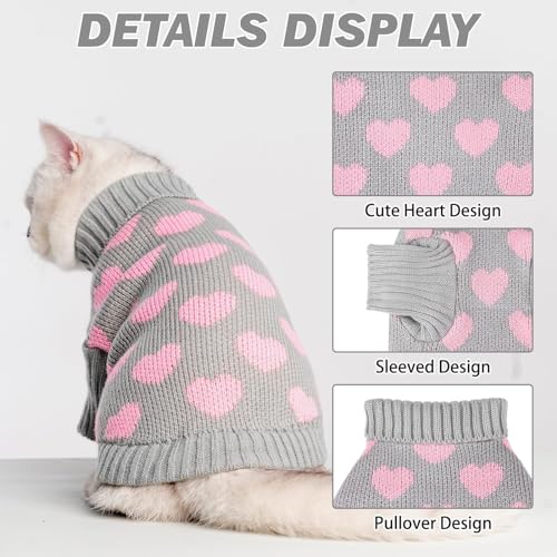 KOOLTAIL Cat Sweater Turtleneck- Soft Knit Cat Sweaters for Cats Only, Heart Love Pattern Thick Warm Cold Weather Clothes, Valentine's Day Pet Outfit for Small Medium Large Size Kitten Puppy Grey S