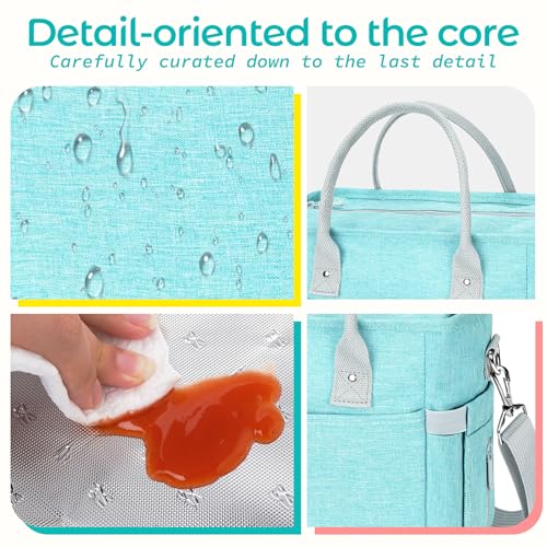 KIPBELIF Cute & Roomy Lunch Box for Women – Adults Large Insulated Lunch Bag with Shoulder Strap, Multi-Pockets, and Water Bottle Holder for Work, Picnic, and Outdoors (Extra Large Size, Aqua Green)