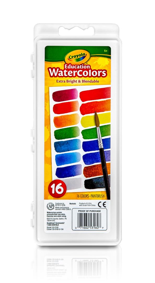 Crayola Watercolor Paint Set (16 Count), Washable Paint for Kids, 1 Paint Brush, Arts & Crafts Supplies, Assorted Colors, Ages 4+