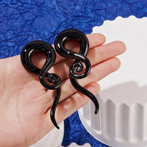 YOFANST 2pcs Glass Ear Tapers Plugs Handmade Spiral Gauges Piercing Jewelry, Black Twist 0G
