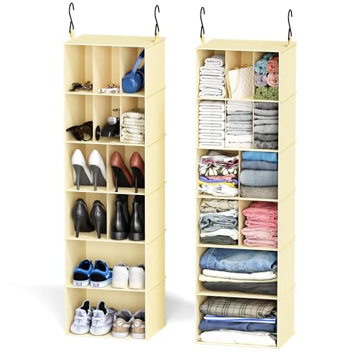 SpaceAid 2 Pack Hanging Closet Organizer and Storage with Dividers, 24 Compartments Hanging Shoe Shelves for Closet, Wardrobe, RV, Garment Rack - Beige