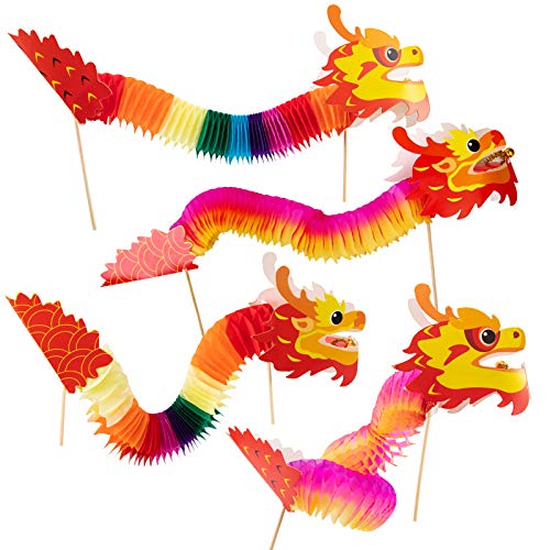 Biubee 8 Pcs Chinese New Year Paper Dragon Decoration- 4 Styles Chinese Paper Dragon Hanging Garland Crafts Handheld Chinese Paper Dragon Toys for Kids Toddlers, Style 1
