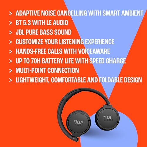JBL TUNE 670NC - Adaptive Noise Cancelling with Smart Ambient Wireless On-Ear Headphones, Up to 70H battery life with speed charge, Lightweight, comfortable and foldable design (Black)